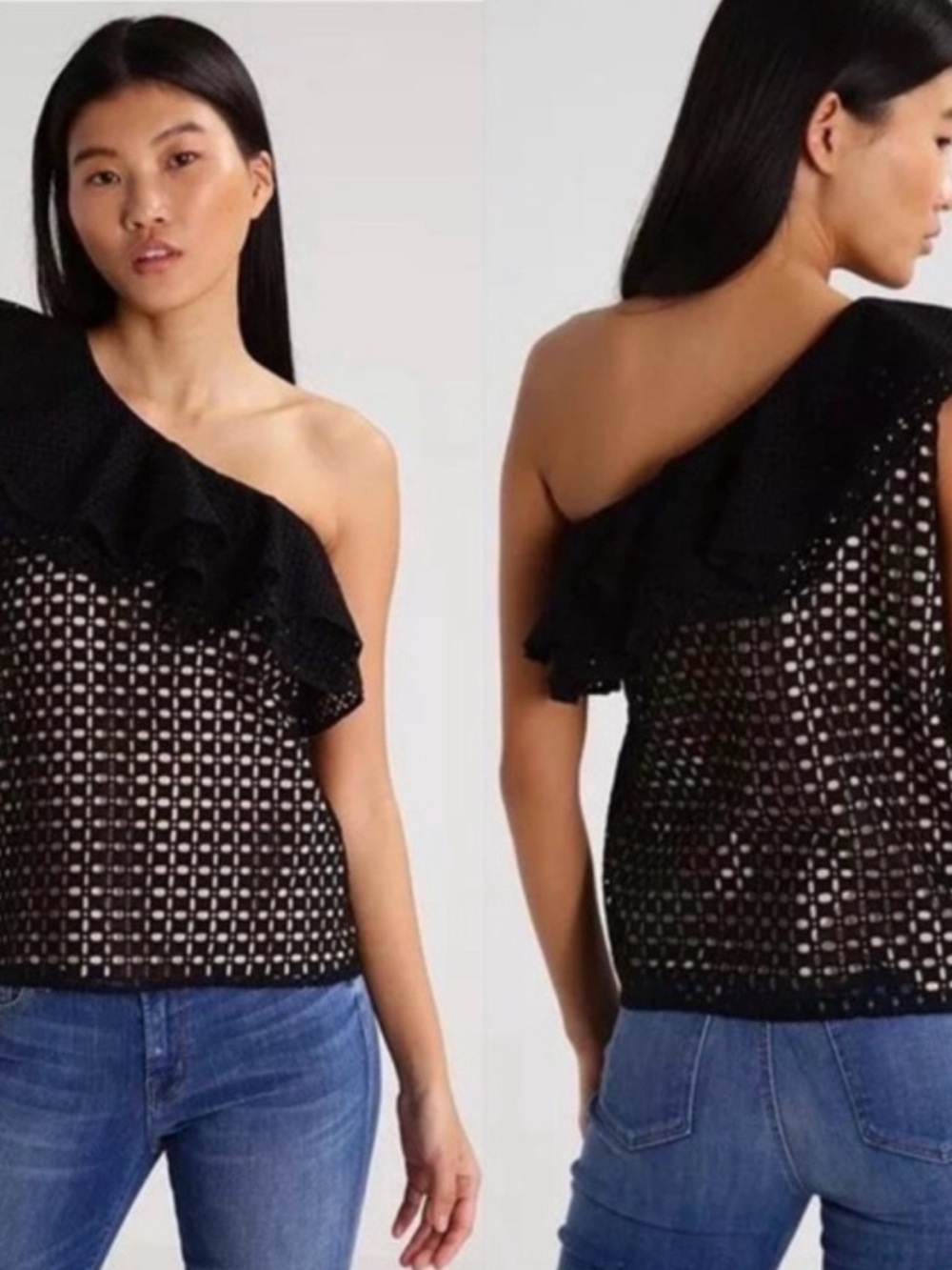 J.Crew One-Shoulder Ruffle Top In Black Eyelet - Picture 2 of 8
